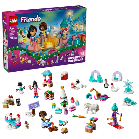 LEGO Friends Advent Calendar 2026 box with the minidolls, animals and festive builds arranged below