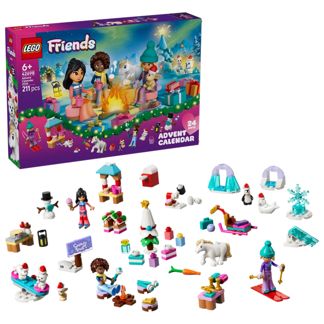 LEGO Friends Advent Calendar 2026 box with the minidolls, animals and festive builds arranged below