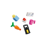 LEGO accessories including a carrot, lantern, pink mug, Santa hat, envelope and blue and yellow brick