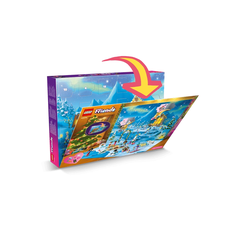 LEGO Friends Advent Calendar opening to reveal the numbered winter scene and fold-down play area