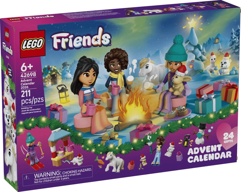 LEGO Friends Advent Calendar 2026 box showing three minidolls by a campfire with a pony and winter animals