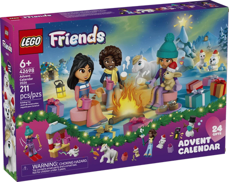 LEGO Friends Advent Calendar 2026 box showing three minidolls by a campfire with a pony and winter animals