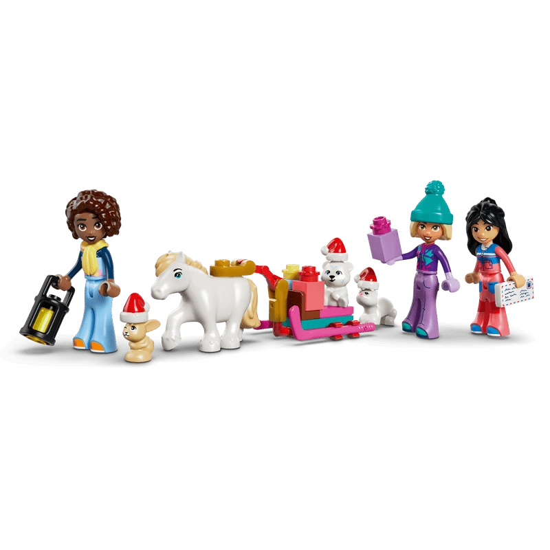 Three LEGO Friends minidolls with a white pony, pink sleigh and small animals wearing Santa hats
