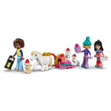 Three LEGO Friends minidolls with a white pony, pink sleigh and small animals wearing Santa hats