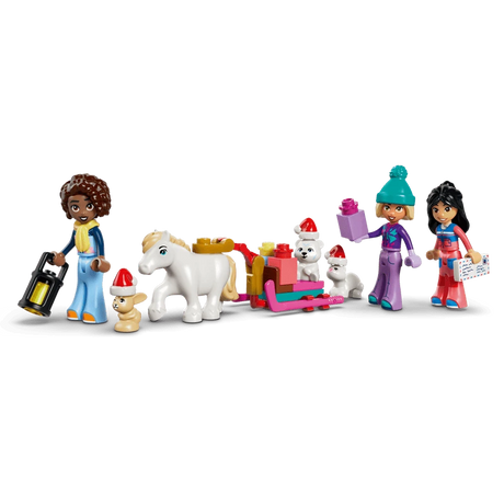 Three LEGO Friends minidolls with a white pony, pink sleigh and small animals wearing Santa hats