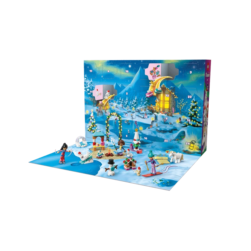 Opened LEGO Friends Advent Calendar with numbered doors, snowy backdrop, minidolls, animals and winter builds