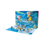 Opened LEGO Friends Advent Calendar with numbered doors, snowy backdrop, minidolls, animals and winter builds