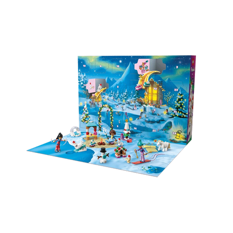 Opened LEGO Friends Advent Calendar with numbered doors, snowy backdrop, minidolls, animals and winter builds