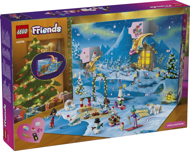 Rear of LEGO Friends Advent Calendar 2026 box showing the opened winter calendar and daily builds