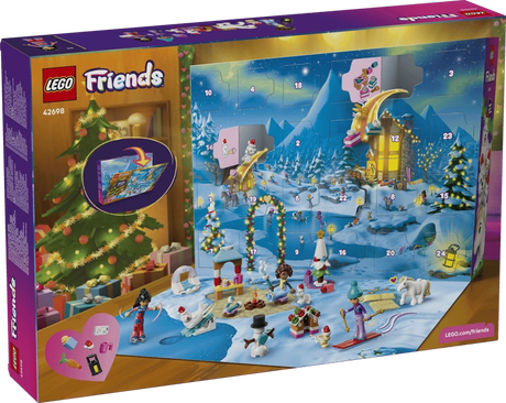 Rear of LEGO Friends Advent Calendar 2026 box showing the opened winter calendar and daily builds