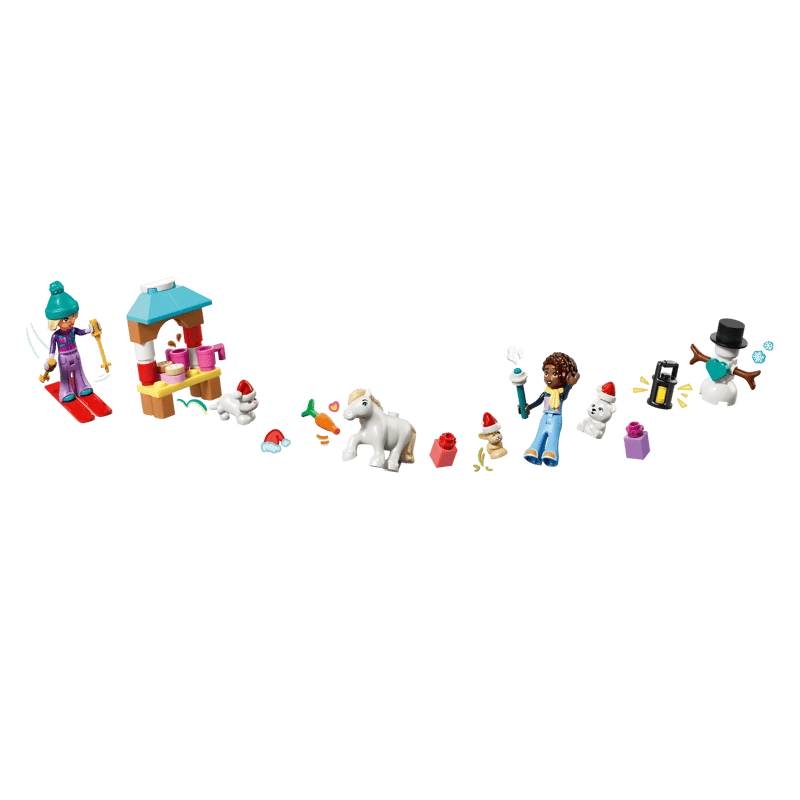 LEGO Friends winter builds with a skier minidoll, hot chocolate stand, pony, snowman, lantern and small animals