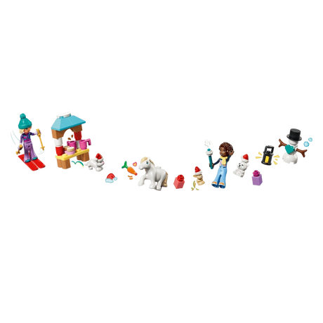 LEGO Friends winter builds with a skier minidoll, hot chocolate stand, pony, snowman, lantern and small animals