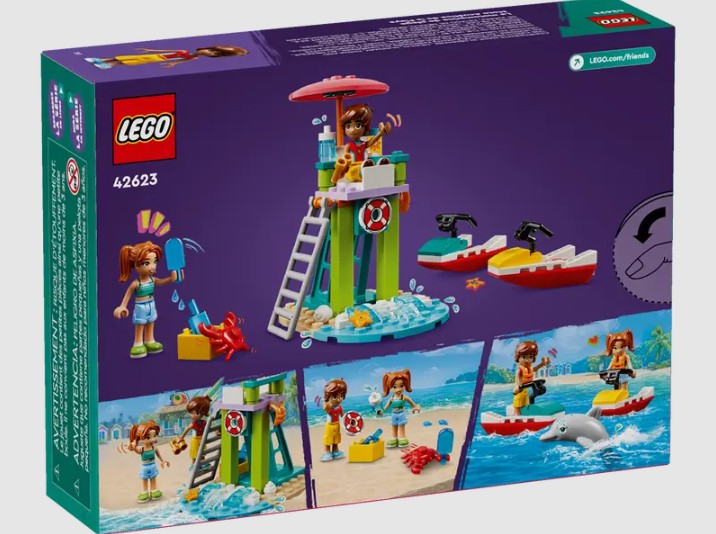 ack of LEGO Friends Beach Water Scooter 42623 box showing scenes with jet skis and dolphin – Ireland