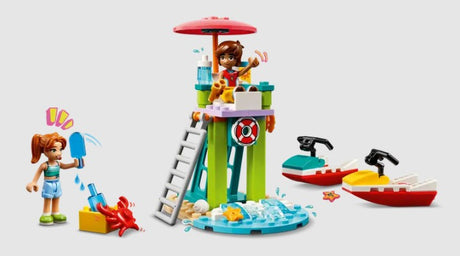 Leo on the tower and Candi playing at the base in LEGO Friends Beach Water Scooter 42623 – Ireland