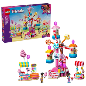 LEGO Friends Candy & Cupcake Ferris Wheel box with completed fairground set and minidolls