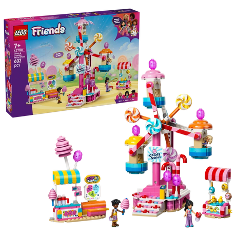 LEGO Friends Candy & Cupcake Ferris Wheel box with completed fairground set and minidolls