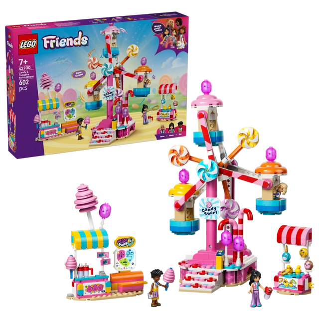 LEGO Friends Candy & Cupcake Ferris Wheel box with completed fairground set and minidolls