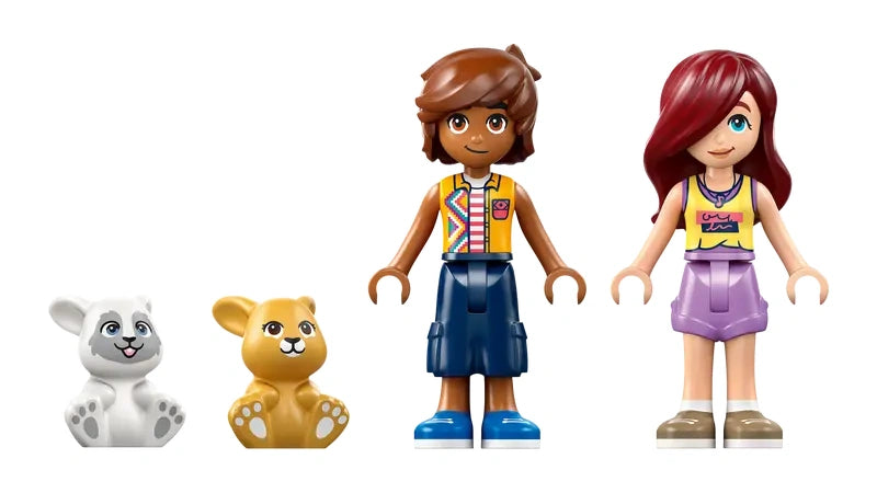 LEGO Friends Heartlake City Bunny Hotel 42679 two LEGO Friends minidolls standing side by side, with two bunny figures displayed separately to the left