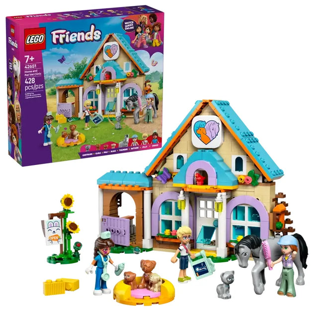 LEGO Friends Horse and Pet Vet Clinic 42651 box with build, figures and animals on display
