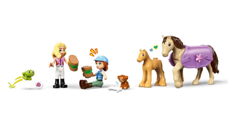 Two LEGO Friends minidolls standing in a row with an adult horse, baby foal, puppy, frog and small accessories arranged on a white background