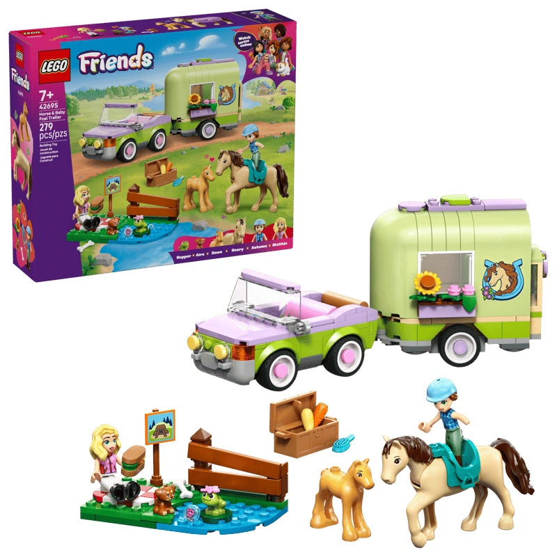 LEGO Friends Horse & Baby Foal Trailer retail box shown beside the assembled light green car towing a matching horse trailer, with the full build displayed on a white background