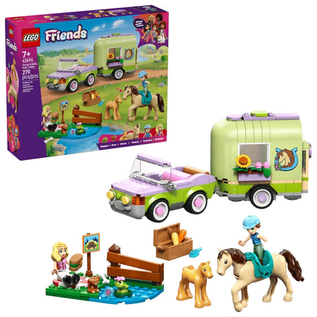 LEGO Friends Horse & Baby Foal Trailer retail box shown beside the assembled light green car towing a matching horse trailer, with the full build displayed on a white background