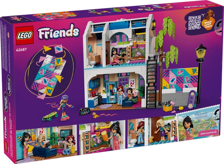 Back of LEGO Friends Liann's Family House 42687 packaging showing the furnished interior, upstairs bedroom, downstairs living area, four minidolls and illustrated play features.