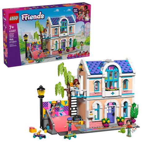 LEGO Friends Liann's Family House 42687 retail box displayed beside the completed two storey house, showing the purple roof, balcony, skate ramp, minidolls and garden accessories.