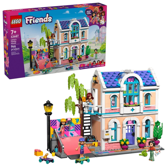 LEGO Friends Liann's Family House 42687 retail box displayed beside the completed two storey house, showing the purple roof, balcony, skate ramp, minidolls and garden accessories.
