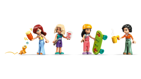 Four LEGO Friends minidolls from Liann's Family House 42687 displayed with a pet gecko, green skateboard, watering can, drinks and other small accessories.