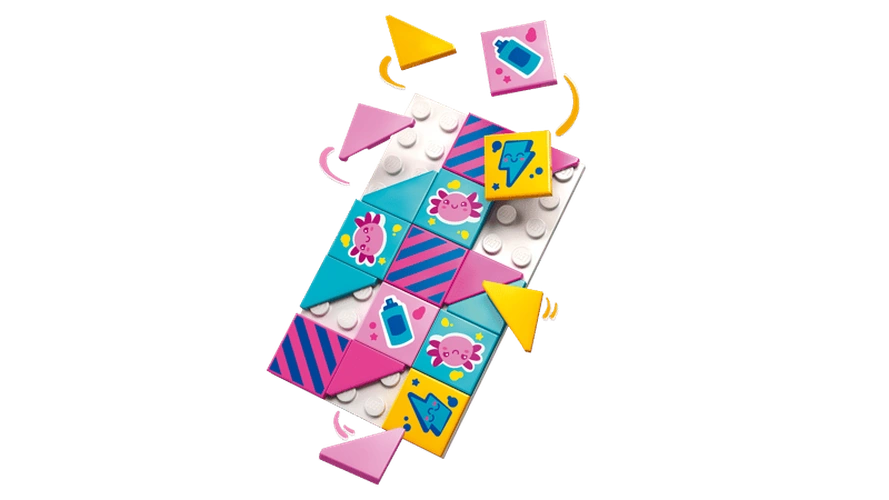 Colourful removable wall mural tiles from LEGO Friends Liann's Family House 42687 featuring pink, blue and yellow patterns, skateboard graphics and decorative designs.
