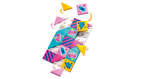 Colourful removable wall mural tiles from LEGO Friends Liann's Family House 42687 featuring pink, blue and yellow patterns, skateboard graphics and decorative designs.