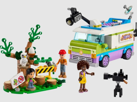 LEGO Friends Newsroom Van 41749 set front box with Aliya, Peter, and Darrel – Ireland