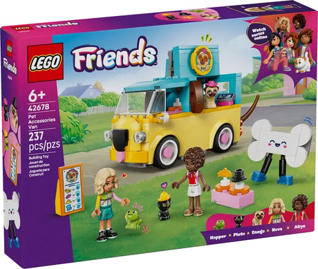 LEGO Friends Pet Accessories Van 42678 retail box front three quarter view showing yellow and teal pug themed van, Nova and Aliya minidolls, dog, kitten and frog figures, and pet accessory displays