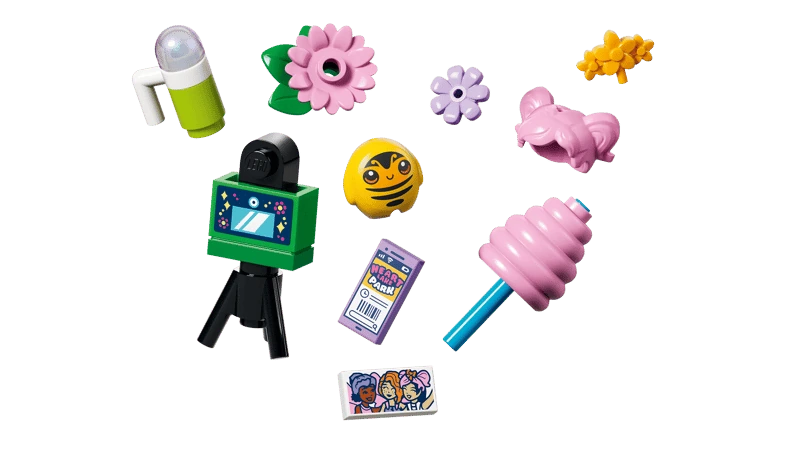 LEGO Friends minidolls shown with flowers, wings, camera, cotton candy and ball accessories
