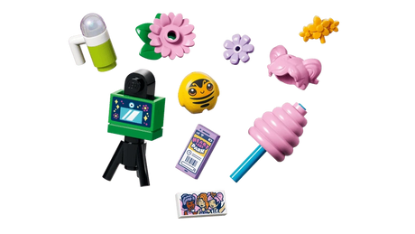 LEGO Friends minidolls shown with flowers, wings, camera, cotton candy and ball accessories