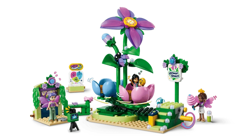 LEGO Friends Spinning Flower & Fairy Teacup Ride set with teacups, flower ride, photo booth, game stand and minidolls