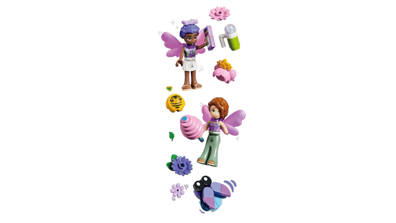 LEGO Friends minidolls shown with flowers, wings, camera, cotton candy and ball accessories
