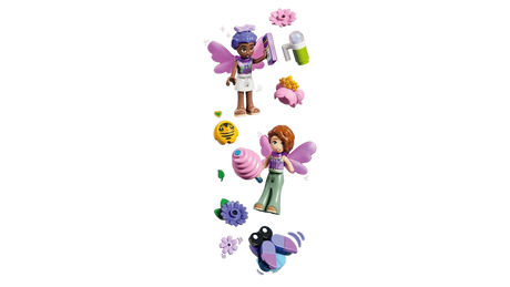 LEGO Friends minidolls shown with flowers, wings, camera, cotton candy and ball accessories