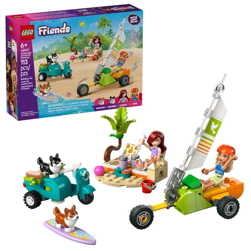 LEGO Friends Surfing Dogs and Scooter Adventure box shown with full build including scooter, land yacht and beach accessories on a white background