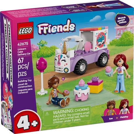 LEGO Friends Unicorn Cake Delivery Car 42675 retail box front showing unicorn themed delivery car, Paisley and Leo characters, and cake accessories
