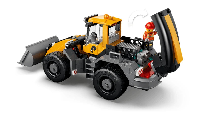 LEGO front end loader with raised bucket and construction worker minifigure
