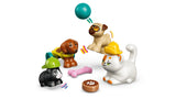 LEGO cat, dog, pug and guinea pig figures with ball, food bowl and small accessories