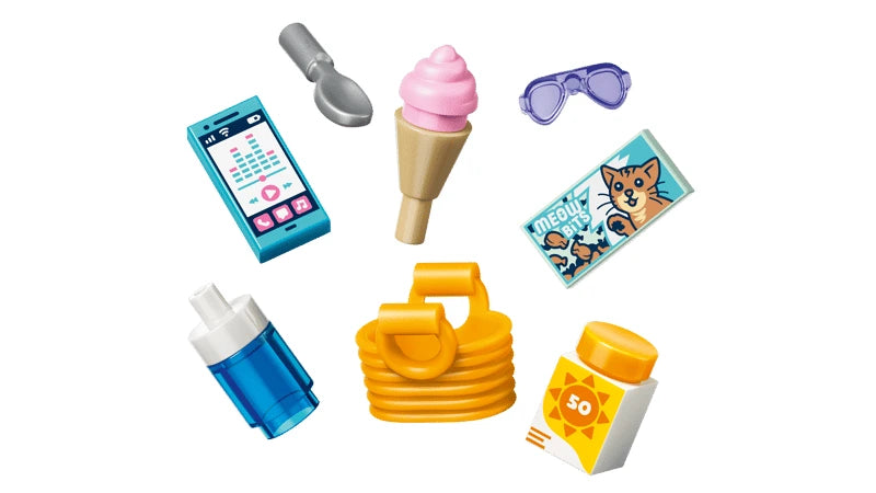 LEGO accessories including phone, ice cream, sunglasses, bottle, towel and pet food
