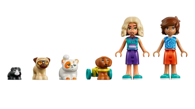 Two LEGO Friends mini-dolls with cat, dog, pug and guinea pig figures
