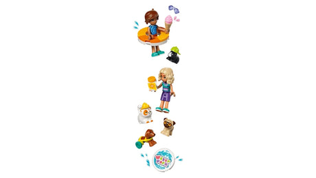 LEGO Friends mini-doll and animal figures shown beside a slide and water park path