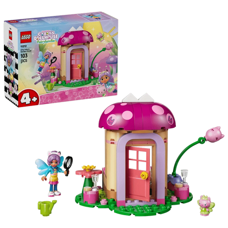 LEGO Gabby's Dollhouse Kitty Fairy's Garden House 11212 box with the completed garden house, Gabby and Kitty Fairy