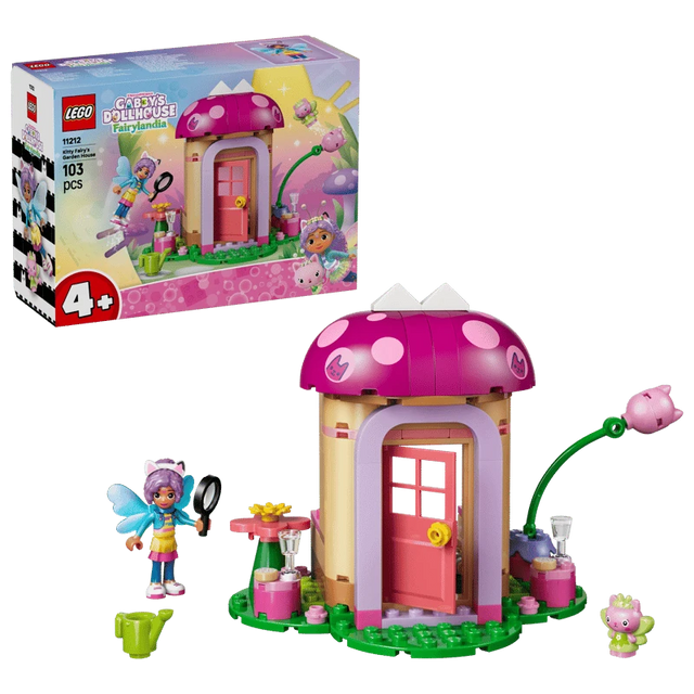 LEGO Gabby's Dollhouse Kitty Fairy's Garden House 11212 box with the completed garden house, Gabby and Kitty Fairy
