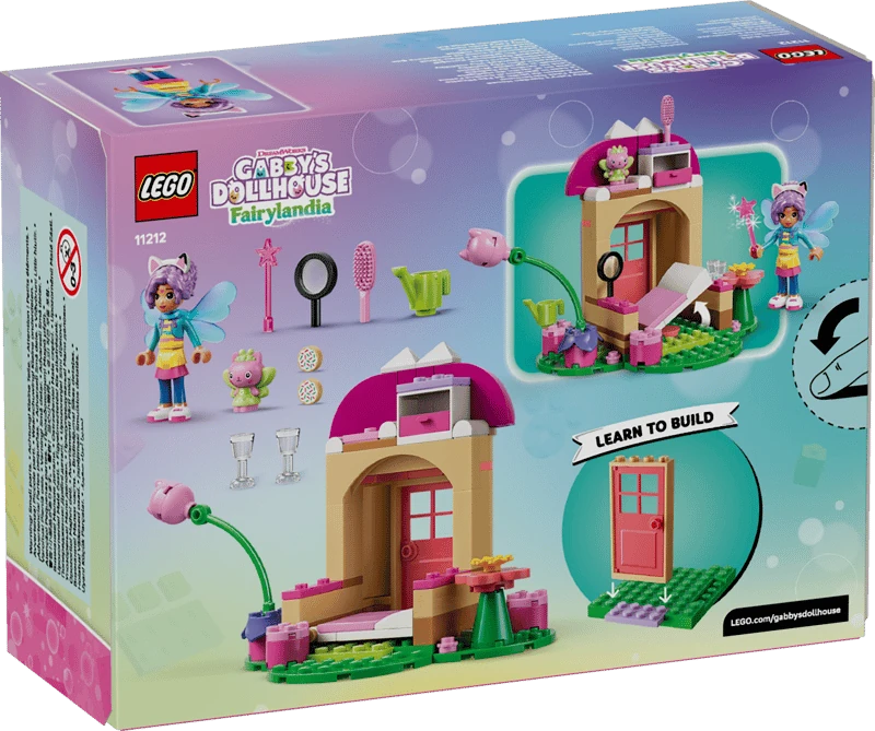 Back of the LEGO Gabby's Dollhouse Kitty Fairy's Garden House 11212 box showing the completed build, accessories and building steps