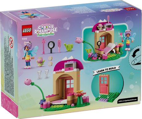 Back of the LEGO Gabby's Dollhouse Kitty Fairy's Garden House 11212 box showing the completed build, accessories and building steps